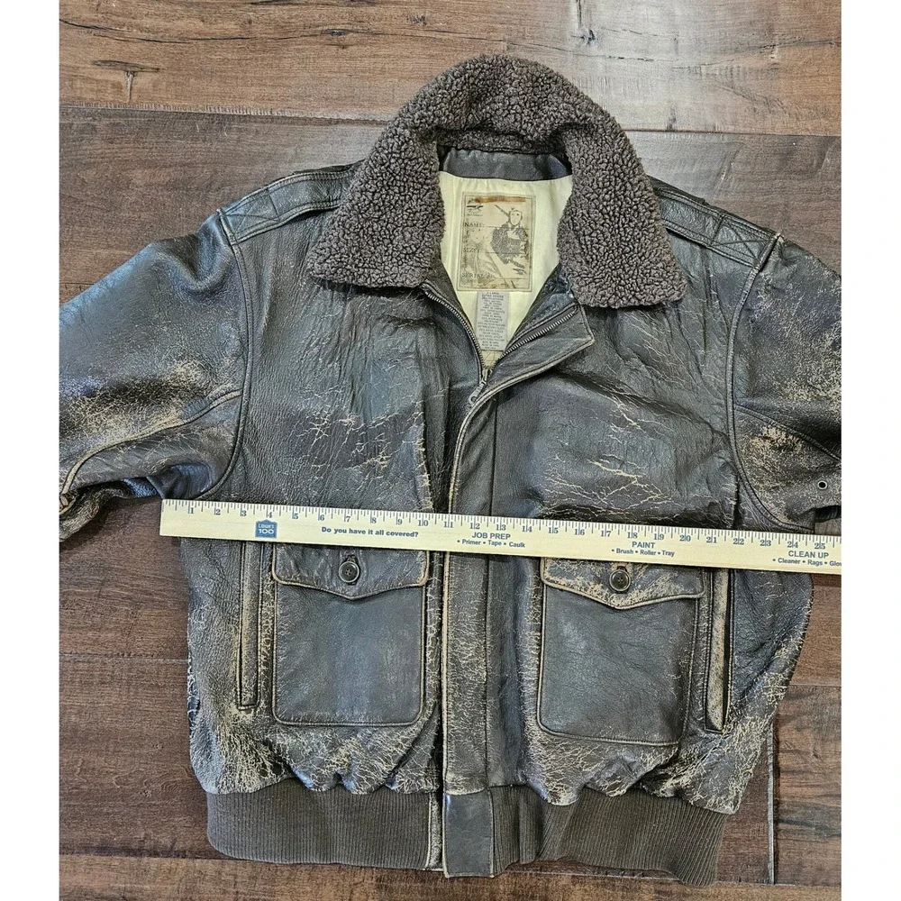 VTG Distressed Arizona Military XL Leather Bomber Flight Jacket Brown Sherpa